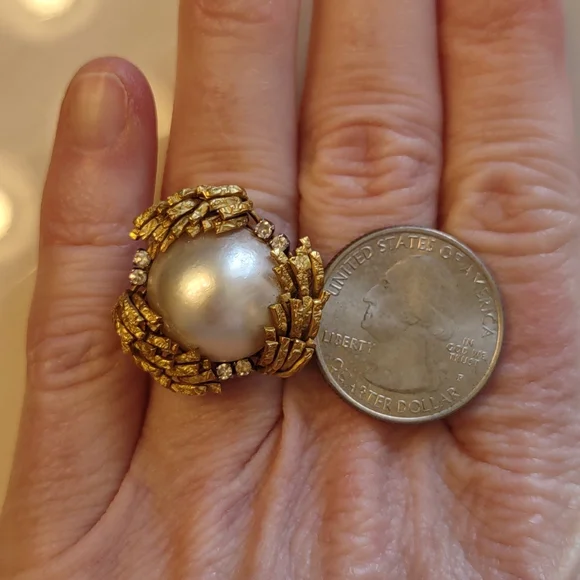 Mabe pearl 18kt Yellow Gold Ring, diamonds, estate Ring vintage - Picture 16 of 16